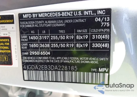 2013 Mercedes-Benz Ml 350 Bluetec 4Matic z USA, uszkodzony, nr VIN 4JGDA2EB3DA228185